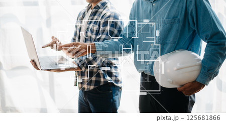 Engineer Teamwork Meeting, Drawing working on blueprint meeting for project working with partner on model building at company office. industry professional team 125681866