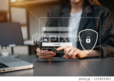 Cyber security concept, Login, User, identification information security and encryption, secure access to user's personal information woman using smart phone and tablet 125681901