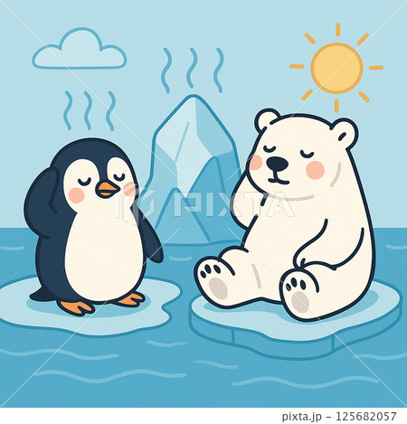 溶ける氷に座るペンギンとシロクマのイラスト素材 [125682057] - PIXTA