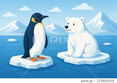 氷の上に座っているペンギンとシロクマ 氷の上に座っているペンギンとシロクマ 125682058