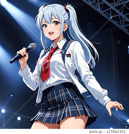 学園祭のステージでマイク片手に熱唱する、可愛い制服の女子高生 125682301