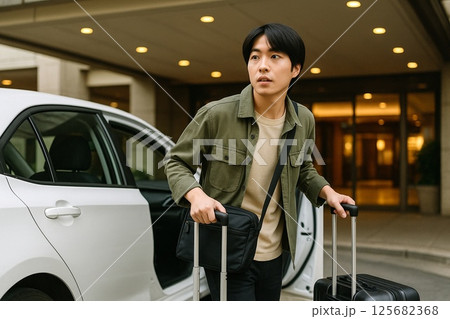 タクシーでホテルに到着する男性 125682368