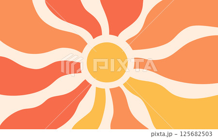 Yellow sun rays psychedelic background. Wavy rays in groovy style. Abstract sun burst poster. Psychedelic texture. 70s, 80s design. Radial wave lines. Vector illustration isolated on white background 125682503