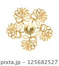 Gold flower with curl petals, ball, ribbons in vibrant circle. Hand-painted in watercolor with gold accents. Isolate element is presented for decorating, designing textile, wallpaper, print, packaging 125682527