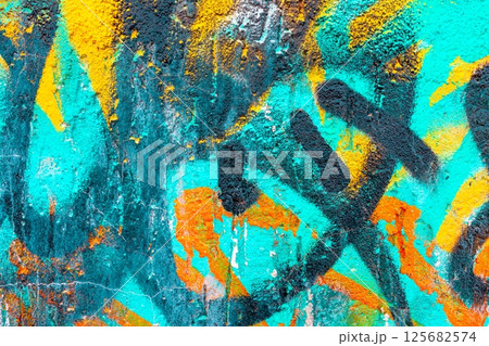 Vibrant Urban Graffiti Art with Neon Aqua, Orange, Yellow for 90s, Y2K Street Vibe 125682574