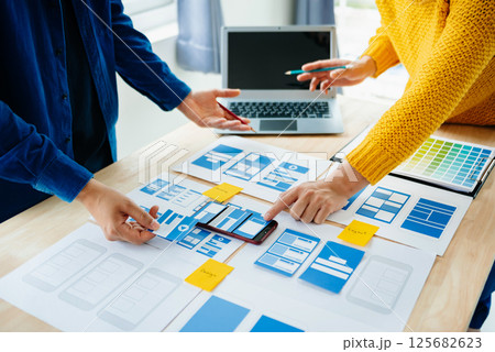 View of UI developer team brainstorming on their project with laptop, smartphone and digital tablet. Creative digital development agency. View of UI developer team brainstorming on their project with laptop, smartphone and digital tablet. Creative digital development agency. 125682623