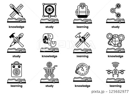 Set of illustrations in the concept of Books and knowledge in a line style Set of illustrations in the concept of Books and knowledge in a line style 125682977