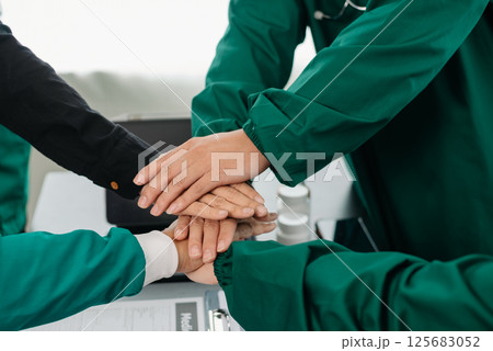 Team Doctors nurses union coordinate hands Teamwork Concept in hospital for success and trust in team. 125683052