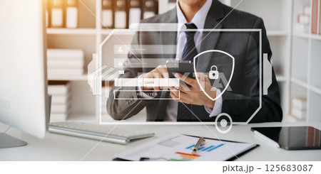 Cyber security concept, Login, User, identification information security and encryption, secure access to user's personal information woman using smart phone and tablet 125683087