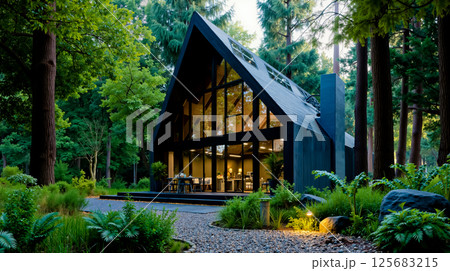 A house in the woods with a lot of trees around it 125683215