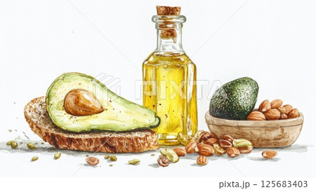 National Lipid Day Avocado oil with bread nuts and seeds on white background National Lipid Day Avocado oil with bread nuts and seeds on white background 125683403