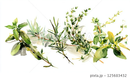 Watercolor herbs composition with rosemary and thyme on white background 125683432