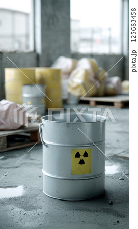 Industrial hazardous waste storage with radioactive warning in abandoned warehouse 125683458