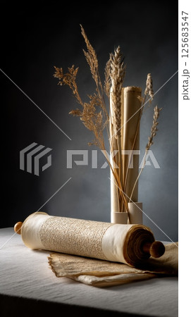 Ancient scrolls and dried grasses display on wooden table Ancient scrolls and dried grasses display on wooden table 125683547