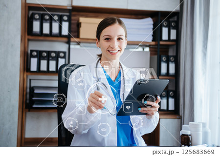 health care business graph data and growth, Medical examination and doctor analyzing medical report network connection on tablet screen. health care business graph data and growth, Medical examination and doctor analyzing medical report network connection on tablet screen. 125683669