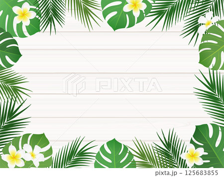 トロピカルな植物と白い木目のフレーム背景_ベクターイラスト 125683855
