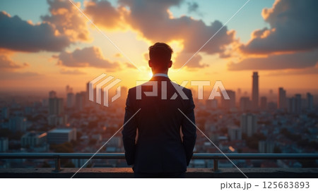 A man in a suit stands on a rooftop, city skyline at sunset, dramatic sky, contemplative and ambitious mood, wide view. 125683893