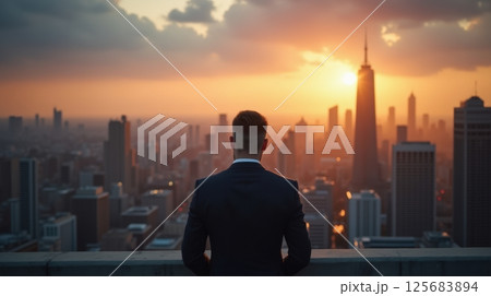 A man in a suit stands on a rooftop, city skyline at sunset, dramatic sky, contemplative and ambitious mood, wide view. 125683894