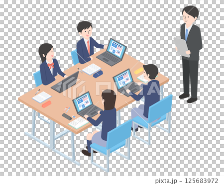 Students working together on a computer and a teacher watching over them 125683972