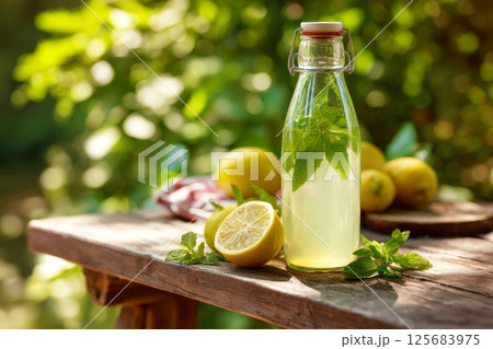 Summer lemonade with lemons and mint leaves in glass bottle 125683975