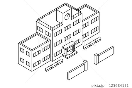 学校の建物・校舎を俯瞰で描いたシンプルな線画のアイソメトリックイラスト 学校の建物・校舎を俯瞰で描いたシンプルな線画のアイソメトリックイラスト 125684151