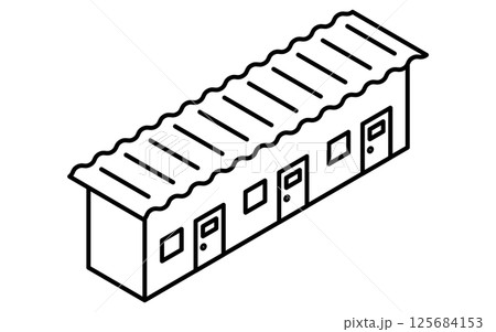 仮設住宅や更衣室などのプレハブ小屋のシンプルな線画のアイソメトリックイラスト 125684153
