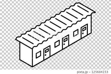 仮設住宅や更衣室などのプレハブ小屋のシンプルな線画のアイソメトリックイラスト 125684153