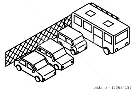 フェンスのある駐車場とバスや車(セダン・軽ワゴン)のシンプルな線画のアイソメトリックイラスト フェンスのある駐車場とバスや車(セダン・軽ワゴン)のシンプルな線画のアイソメトリックイラスト 125684155