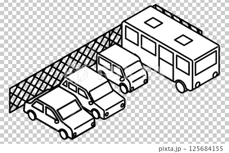 フェンスのある駐車場とバスや車(セダン・軽ワゴン)のシンプルな線画のアイソメトリックイラスト フェンスのある駐車場とバスや車(セダン・軽ワゴン)のシンプルな線画のアイソメトリックイラスト 125684155