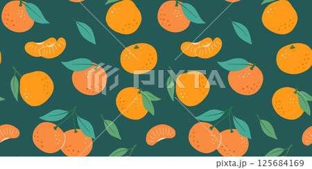 Seamless pattern with tangerine with leaves, fruits on dark background. Vector illustrations of flat citrus. Seamless pattern with tangerine with leaves, fruits on dark background. Vector illustrations of flat citrus. 125684169
