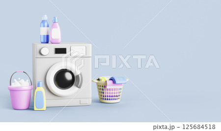 Washing machine with dirty clothes in laundry basket, detergents in bottles and bucket of soap foam bleach on blue background. Render household equipment, advertising banner template. 3D illustration Washing machine with dirty clothes in laundry basket, detergents in bottles and bucket of soap foam bleach on blue background. Render household equipment, advertising banner template. 3D illustration 125684518