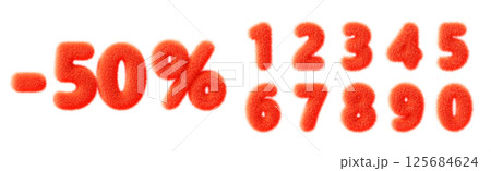 Red fur fluffy numbers from 0 to 9 with minus 50 percent price 3d render icon set. Fuzzy soft digits, balloon discount figures for black friday sale banner, ad promo design elements. 3D illustration 125684624
