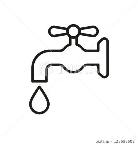 Water Faucet With Drip Line Icon. Water Conservation, Plumbing, And Resource Management Outline Symbol. Environmental Awareness. Editable Stroke. Isolated Vector Illustration 125685605
