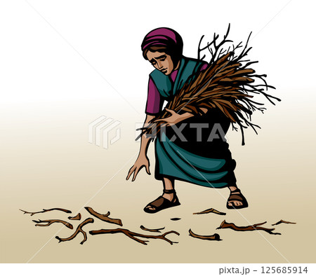 Vector drawing. Woman collecting firewood Vector drawing. Woman collecting firewood 125685914