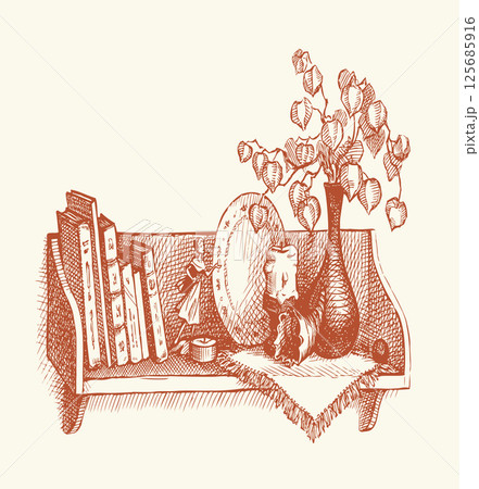 Vector Sketch a shelf with books and souvenirs 125685916