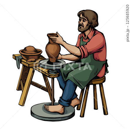 Vector drawing. Potter makes a jug 125685920