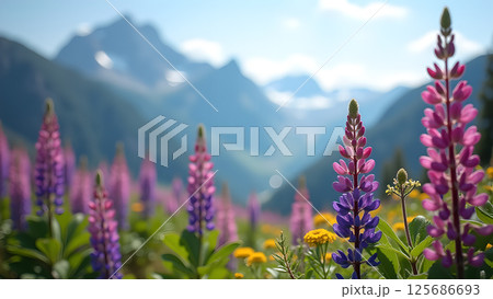 Lupine tapestry woven across a mountainous expanse, bathed in summer sunlight 125686693