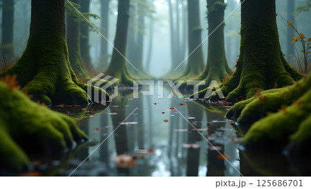 Reflections in the Misty Forest Pool: Serene Woodland Ambiance and Tranquility 125686701