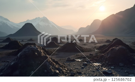 Surreal landscape with earth mounds, snow capped mountains and a hazy sky 125686702