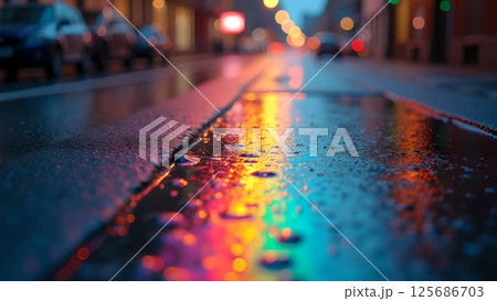 Urban reflections: City lights mirrored on a rain-slicked pavement at twilight 125686703