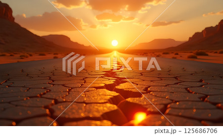 Golden horizon over arid terrain with fractured earth and mountainous background 125686706