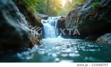 Serene cascade between rocks, tranquil atmosphere landscape of nature 125686707