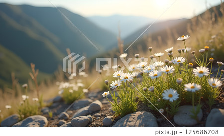 Mountain daisies basking in sunlight: A serene alpine vista, capturing nature's delicate beauty 125686708
