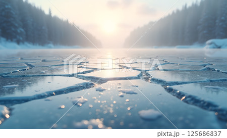 Frozen landscape under soft light: Cracks in ice leading to a serene horizon Frozen landscape under soft light: Cracks in ice leading to a serene horizon 125686837