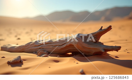 Sun-Baked Relic: A Weathered Log Resting in the Arid Desert Landscape 125686843