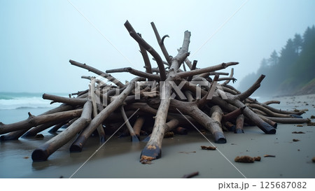 Driftwood accumulation on a tranquil beach under a misty atmospheric sky 125687082