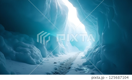 Mystical frozen tunnel with ethereal glow and icy formations landscape Mystical frozen tunnel with ethereal glow and icy formations landscape 125687104
