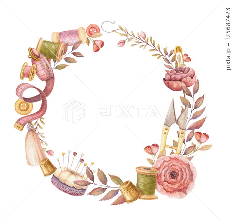Round wreath with watercolor sewing tools. Hand drawn vintage floral frame template with measuring tape and flower pincushion. Perfect for tailor logo and romantic card and invitation design. Round wreath with watercolor sewing tools. Hand drawn vintage floral frame template with measuring tape and flower pincushion. Perfect for tailor logo and romantic card and invitation design. 125687423
