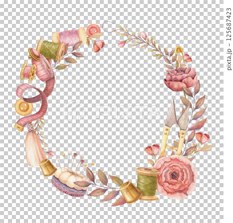 Round wreath with watercolor sewing tools. Hand drawn vintage floral frame template with measuring tape and flower pincushion. Perfect for tailor logo and romantic card and invitation design. Round wreath with watercolor sewing tools. Hand drawn vintage floral frame template with measuring tape and flower pincushion. Perfect for tailor logo and romantic card and invitation design. 125687423