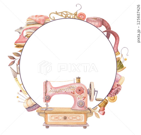 Round frame with watercolor sewing machine and copy space. Hand drawn vintage floral template with clothes hanger and pincushion. Perfect for tailor logo and romantic card and invitation design. 125687426